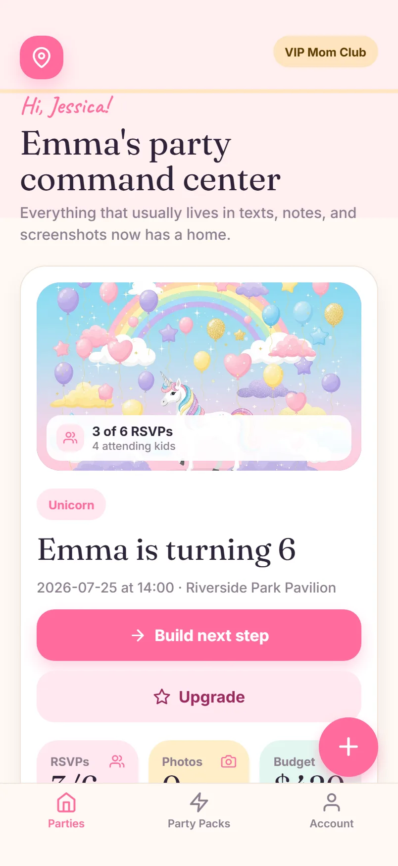 The party command center home screen with the birthday details and RSVP count