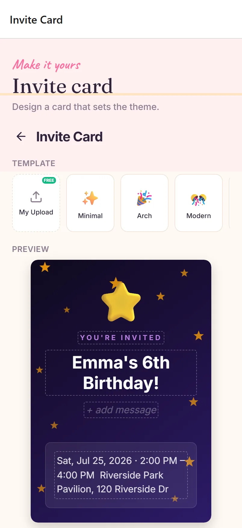 Designing a kids birthday invitation card in the app