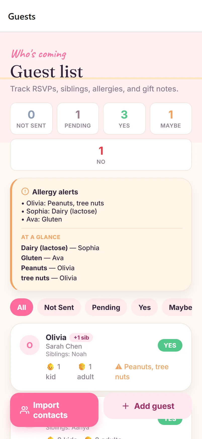RSVP tracking with guest statuses, sibling counts, and allergy alerts