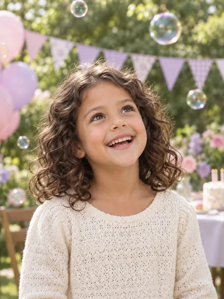 Fictional children enjoying bubbles at a birthday party