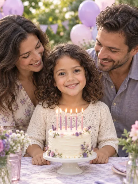 Fictional birthday child celebrating with a candle-topped cake