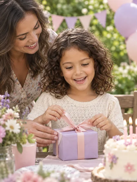 Fictional birthday child opening a present